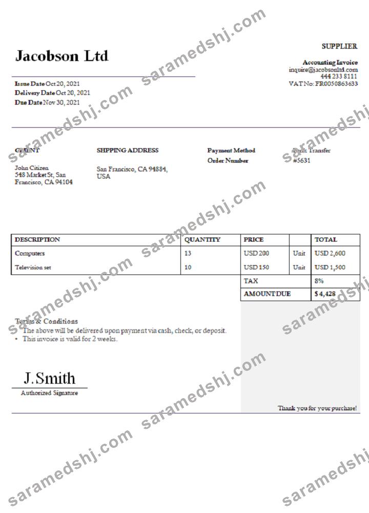 USA Jacobson Ltd invoice